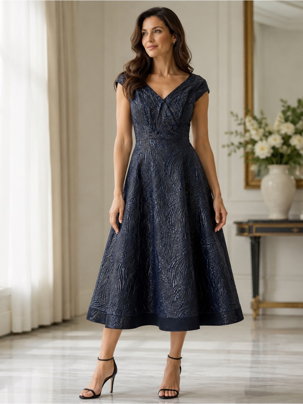 Jesus & Antonio Estrada Black Metallic Jacquard V-Neck A-Line Midi Dress Large